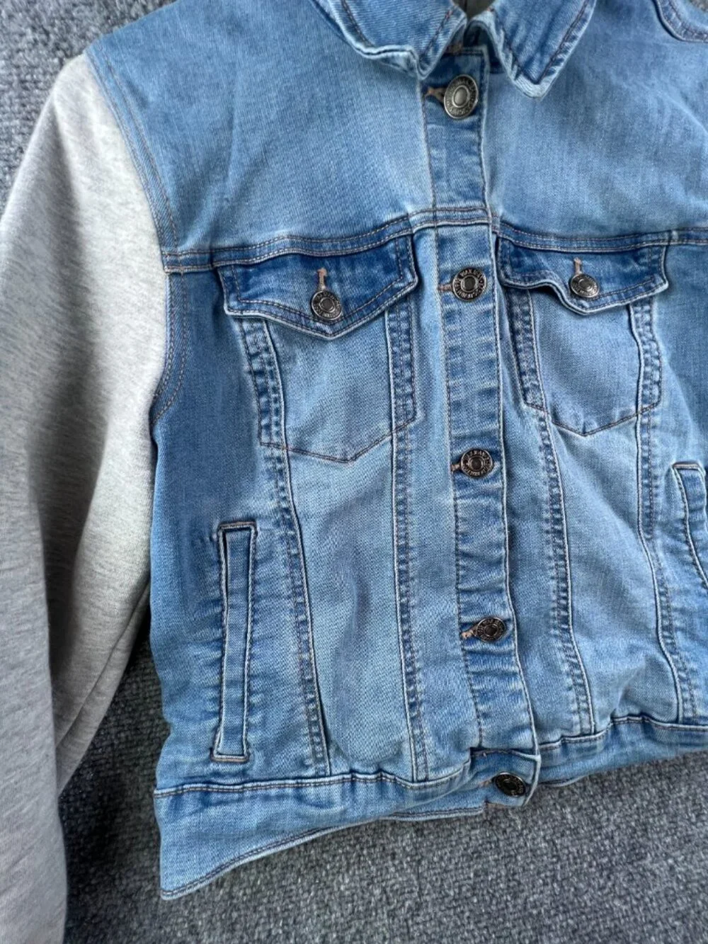Wax Jean Denim Jacket Blue Gray Girls Large Stretch Buttons Long Sleeve Hooded